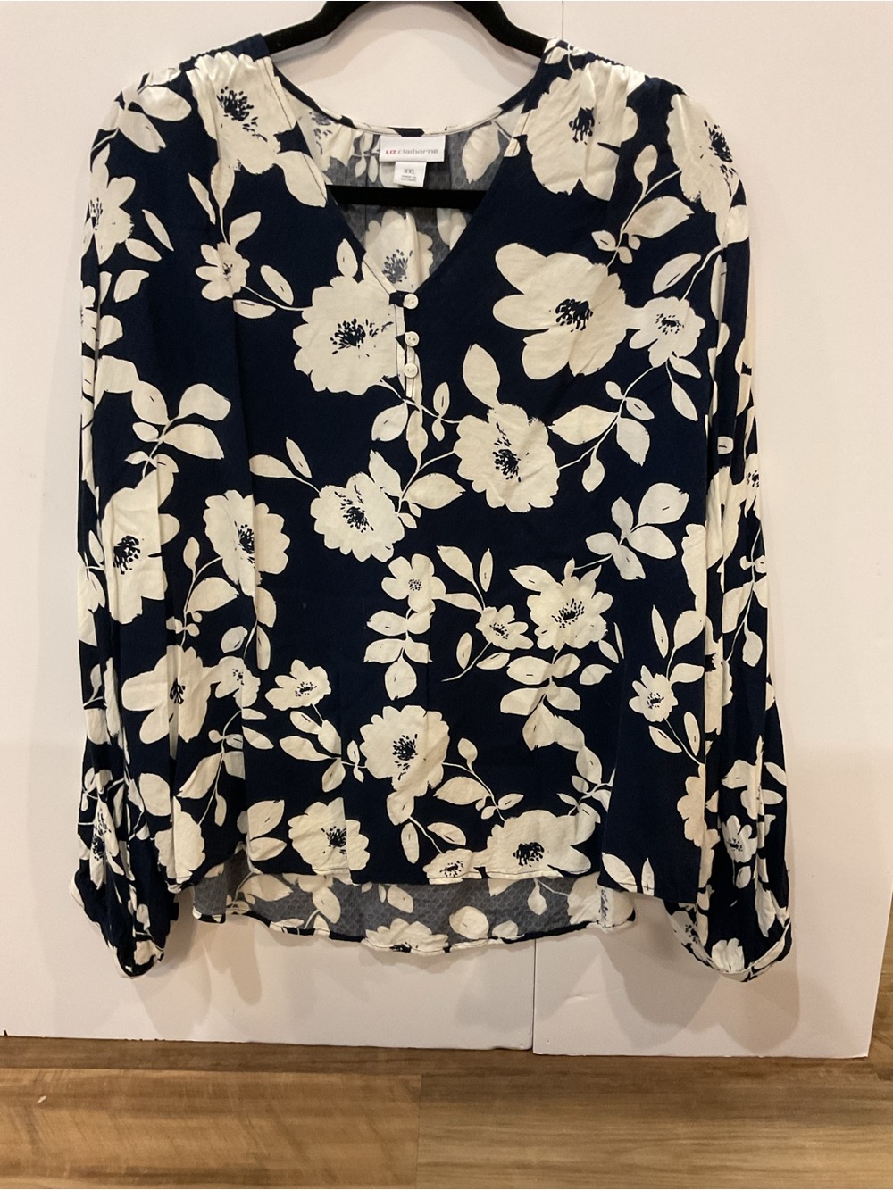 Liz Claiborne Navy and White Floral Button-Front Blouse